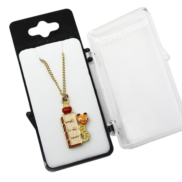 Vintage 80s Enamel Charm Necklace School Teacher Ruler Book Worm in Box- Hey Viv - Picture 5 of 7